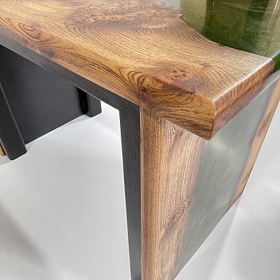 Close up of Elm and Green Resin Table