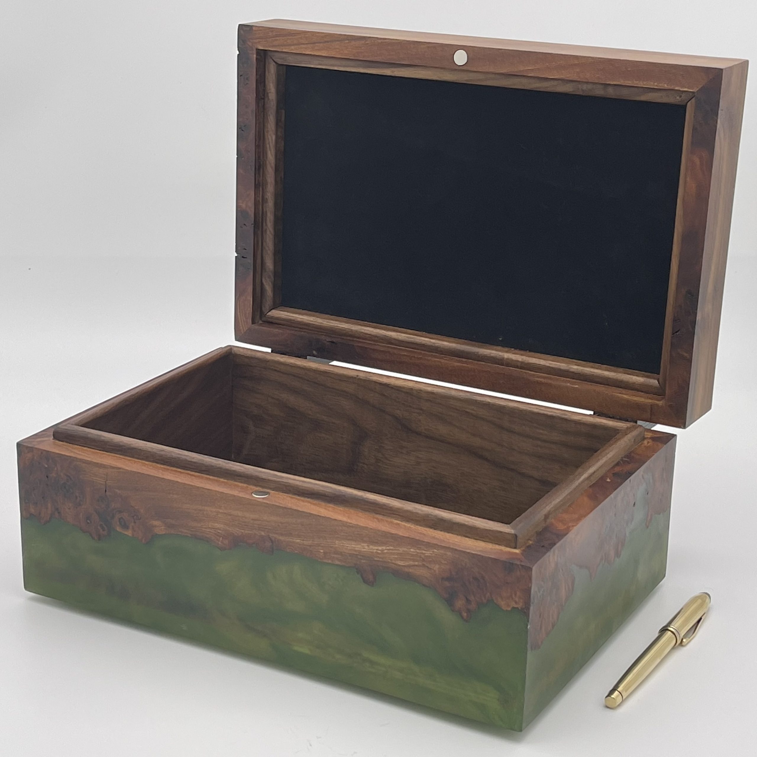 Open Burr Elm and Green Resin Box Showing inside Black Suede and Walnut Lining