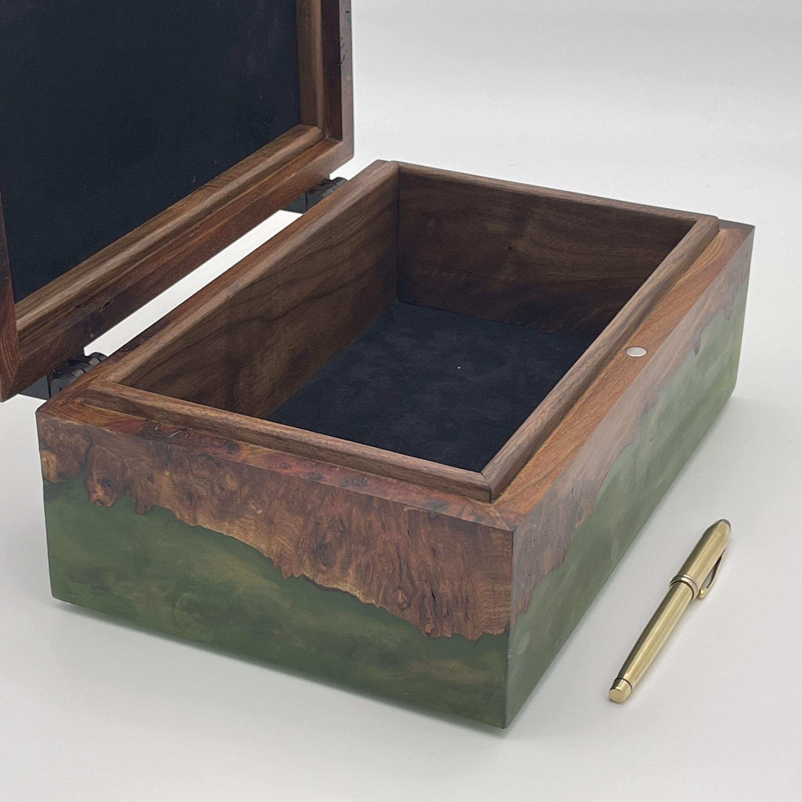 Burr Elm and Green Resin Box with Open Lid