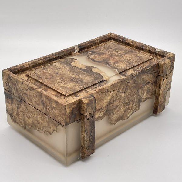 Rear view of spalted elm box showing wooden hinges