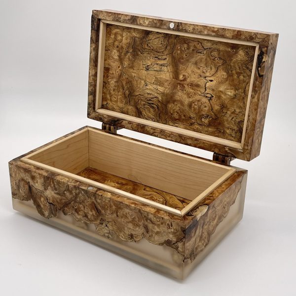 Spalted Elm Keepsake Box with open lid showing book matched interior