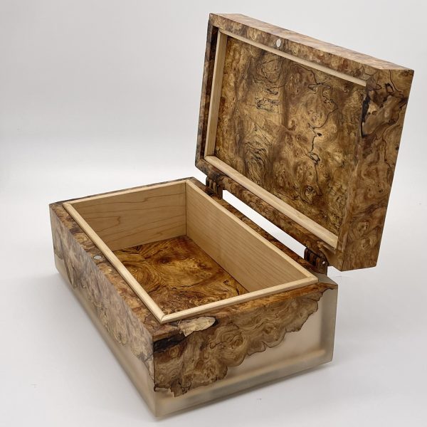 Spalted Elm and sea glass resin Keepsake Box with open lid showing book matched interior