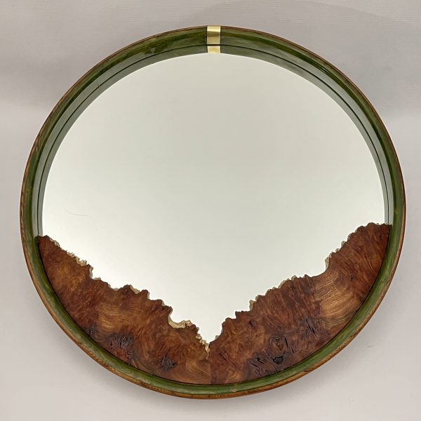 Top view of large round mirror made with elm and teal resin and a burr elm inlay