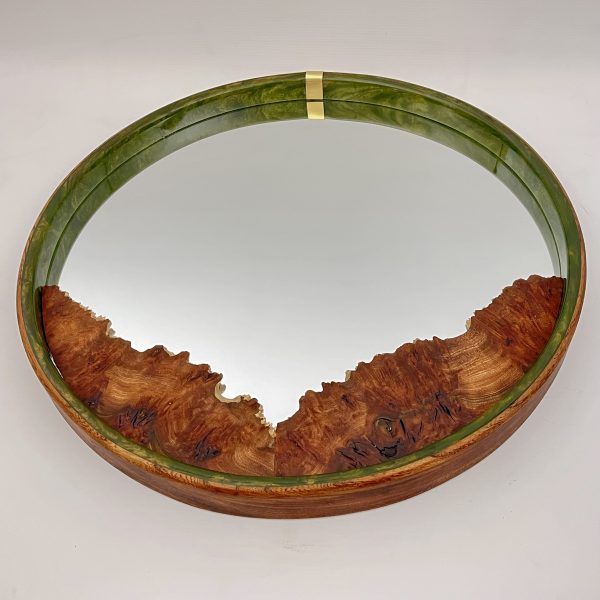 Top view of large round mirror made with elm and green resin and a burr elm inlay