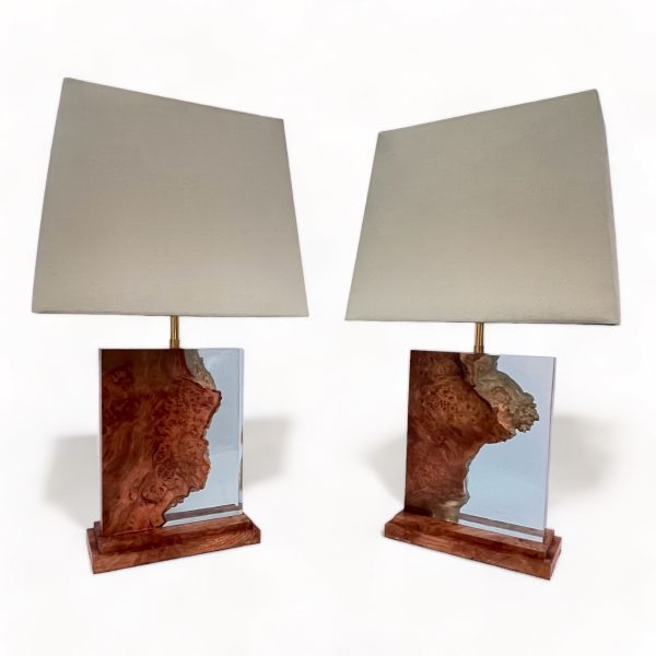 Pair of table lamps with shades made from London Plane wood and 'Glass' Resin