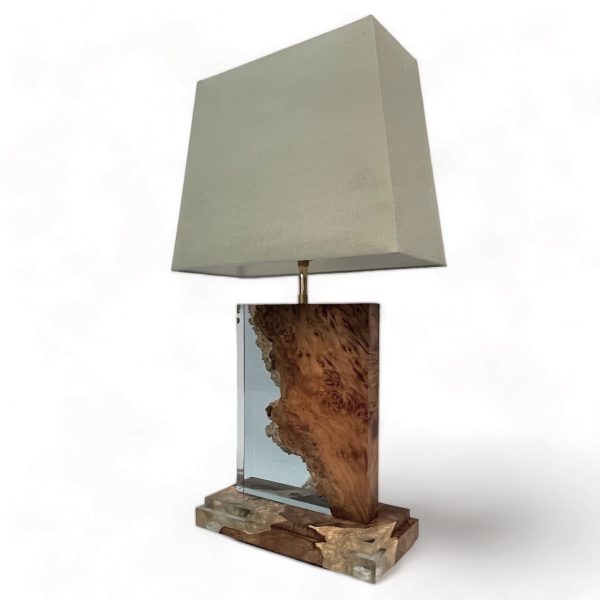 Side view of medium sized made from London Plane and 'glass' resin. Lamp with shade