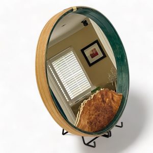 Round Mirror on display stand made from elm and resin