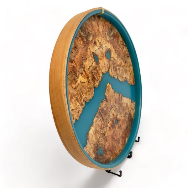 Side view of large ottoman tray made from elm and turquoise resin