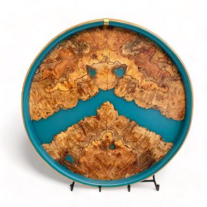 Front view of spalted elm and turquoise resin round ottoman tray