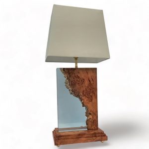Wood and clear glass resin lamp made from London Plane wood with pale shade and brass fittings