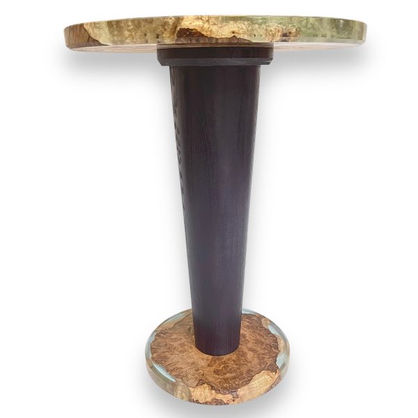 Side view of oak and 'glass' resin occasional table